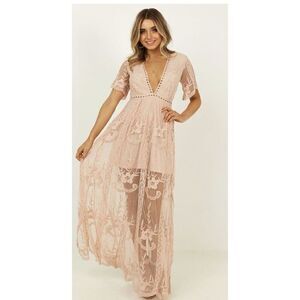 Show Po Love‎ Spell Maxi Dress Blush Lace Overlay Embroidered Short Sleeve Sz 4